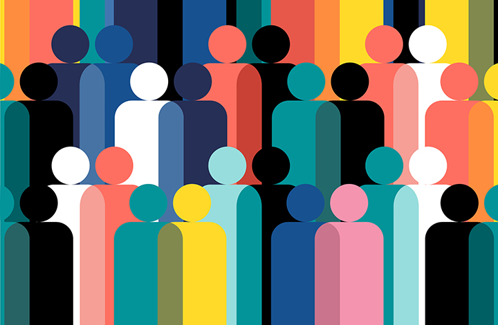 geometric illustration of multi coloured human figures